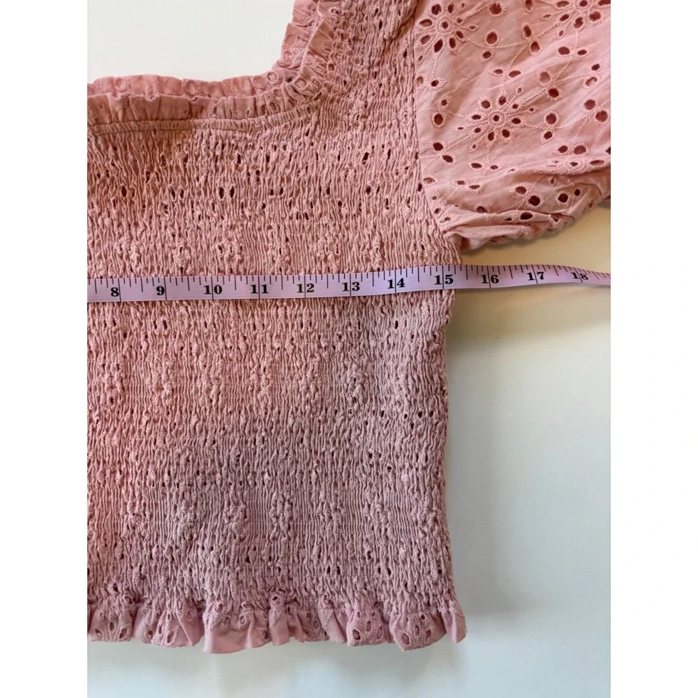 NEW ASTR Smocked Eyelet Puff Sleeve Top Peachy Pink Womens Large Coquette Pastel